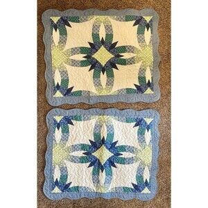 Quilted Double Wedding Ring Pillow Shams Blue Green Set of 2